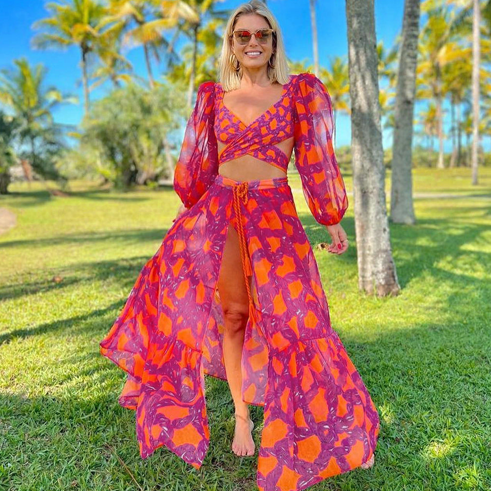 Tropical Print Long-Sleeve Cutout Tie-Front One-Piece Swimsuit