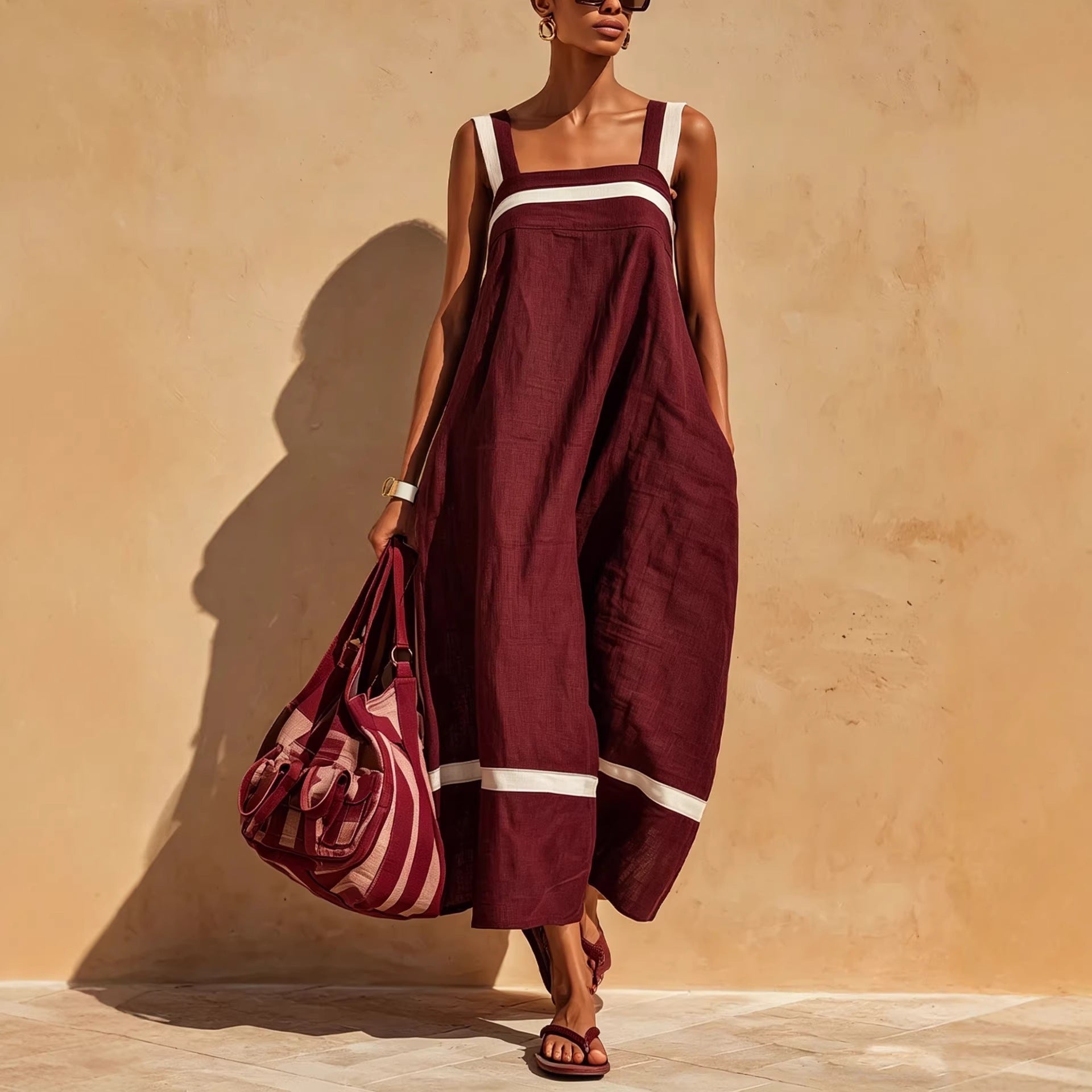 Contrast Strap Linen-Blend Midi Dress | Square Neck Loose Relaxed Fit
