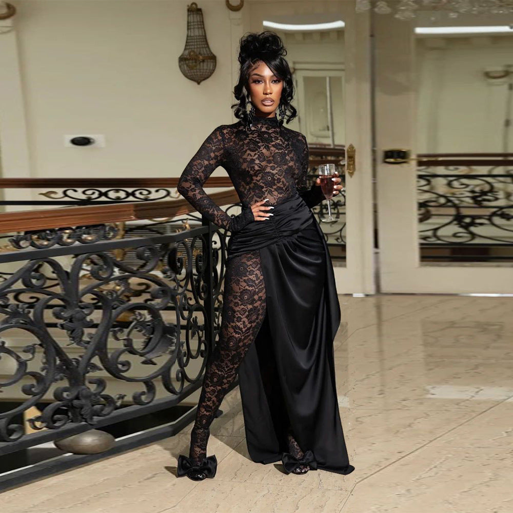 Sheer Lace Mock-Neck Jumpsuit & Draped Satin Asymmetric Wrap Skirt Set