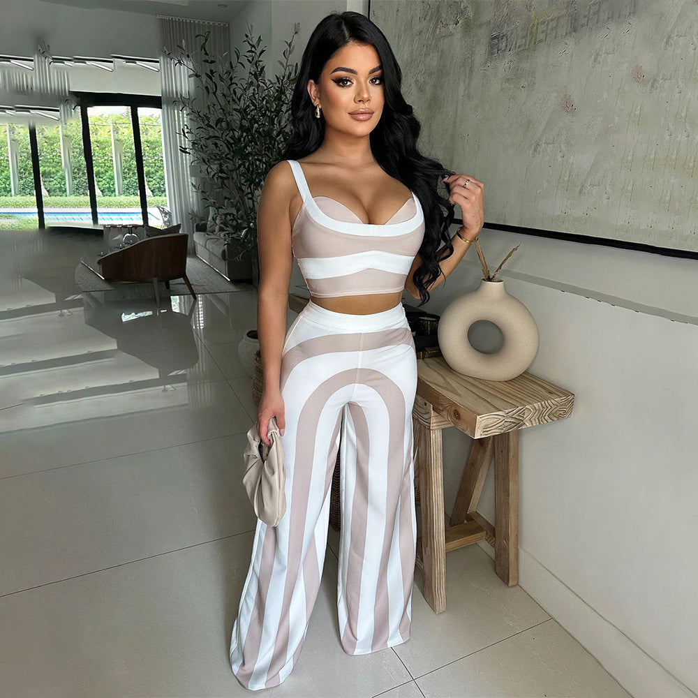 Wave Stripe Sweetheart Crop Top & Wide-Leg Trouser Set