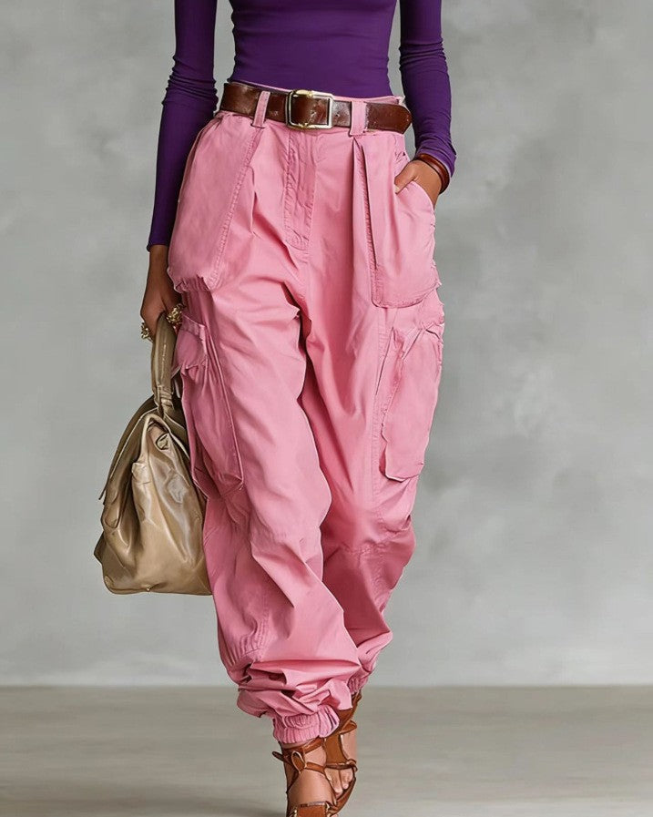 High-Waist Cargo Jogger Pants | Balloon Fit Side Pockets Gathered Ankle
