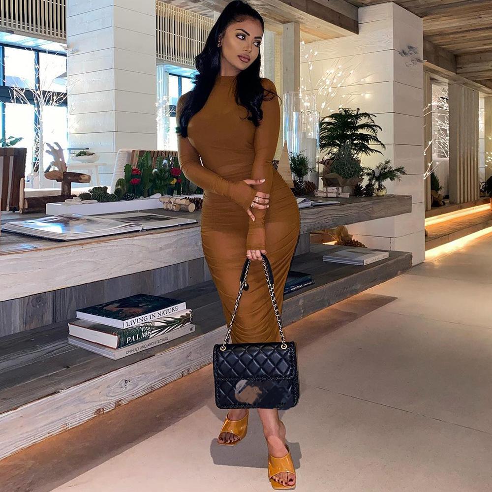 Mesh See-Through Maxi Dress | Long Sleeve Ruched Bodycon