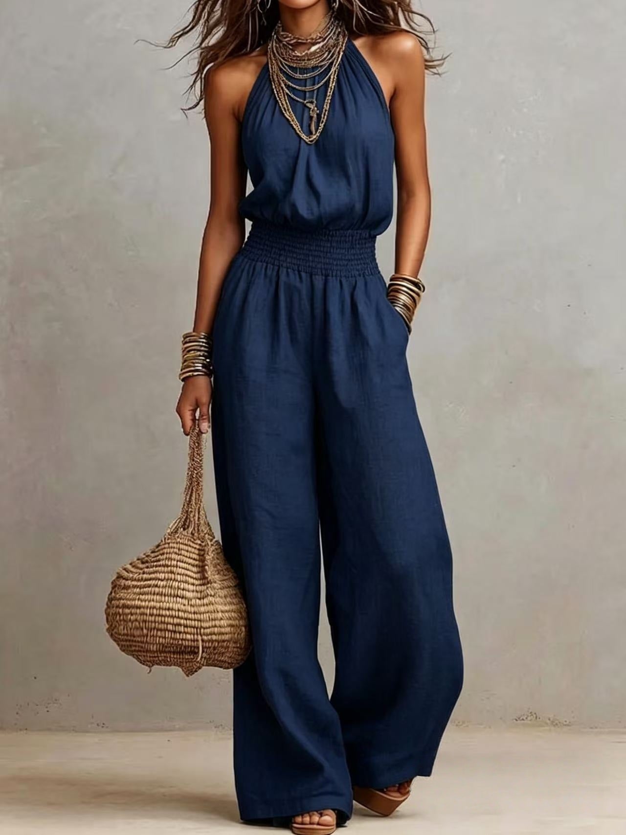 Halter-Neck Backless Wide-Leg Jumpsuit | Solid Color Sleeveless One-Piece