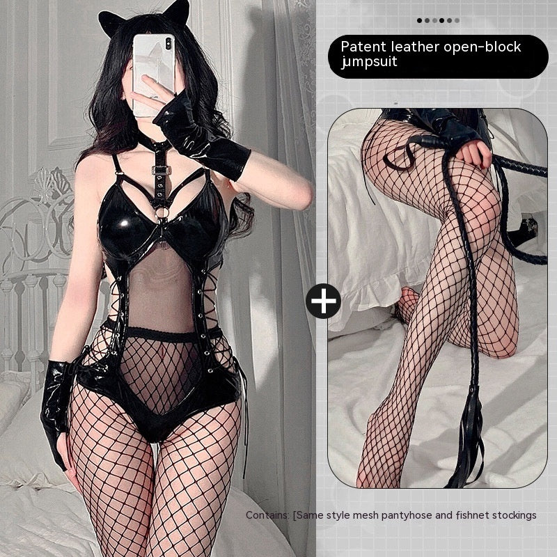 The Midnight Edge Patent-Look Lace-Up Lingerie Bodysuit