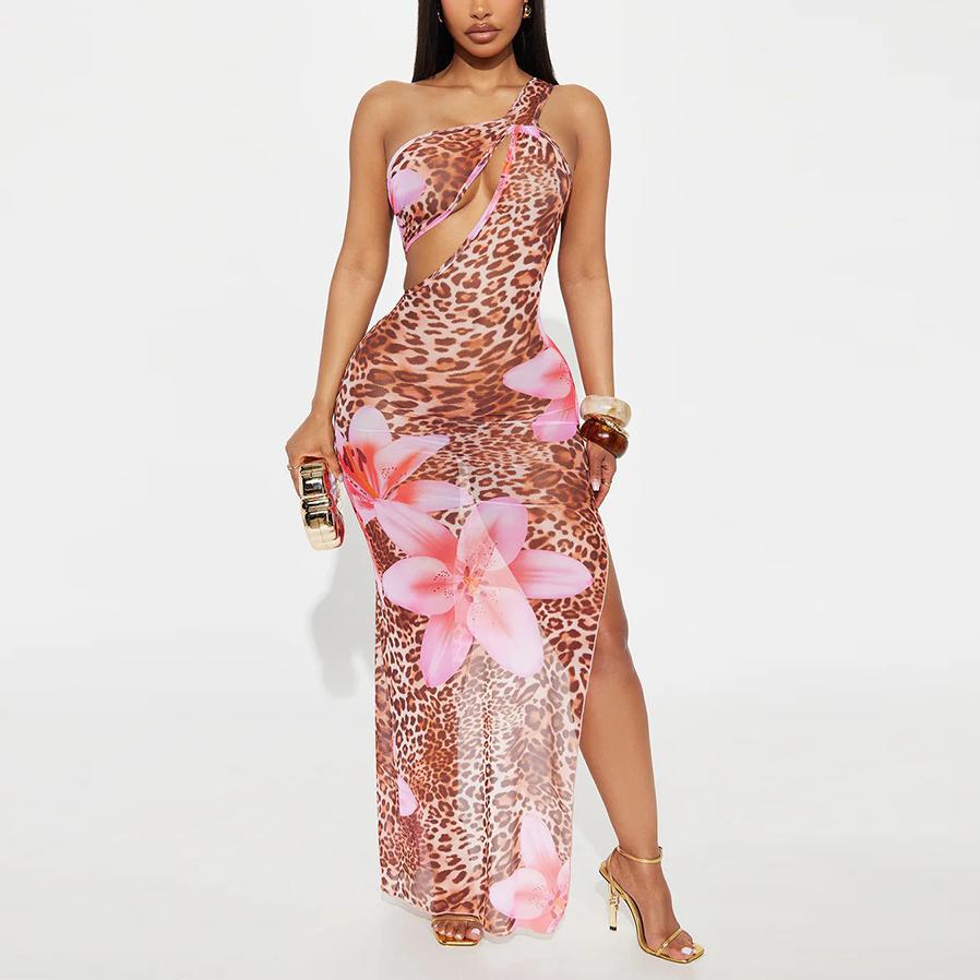 Leopard & Floral Print One-Shoulder Cutout Mesh Maxi Dress