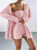 3-Piece Ribbed Knit Cardigan & Tube Top and Shorts Set