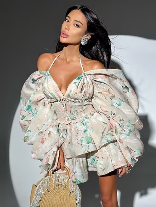 Floral Print Deep V Halter Off-Shoulder Dramatic Puff Sleeve Smocked Waist Tiered Ruffle Mini Dress