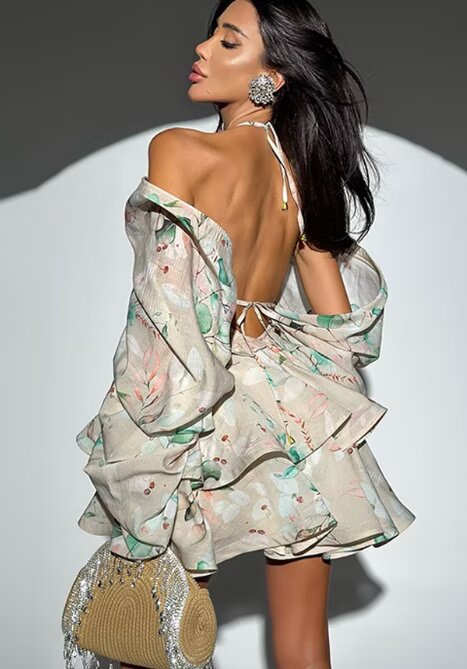 Floral Print Deep V Halter Off-Shoulder Dramatic Puff Sleeve Smocked Waist Tiered Ruffle Mini Dress