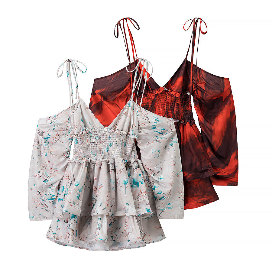 Floral Print Deep V Halter Off-Shoulder Dramatic Puff Sleeve Smocked Waist Tiered Ruffle Mini Dress