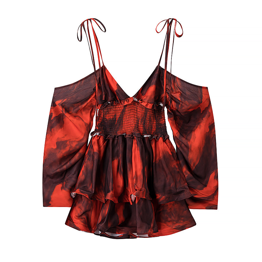 Floral Print Deep V Halter Off-Shoulder Dramatic Puff Sleeve Smocked Waist Tiered Ruffle Mini Dress