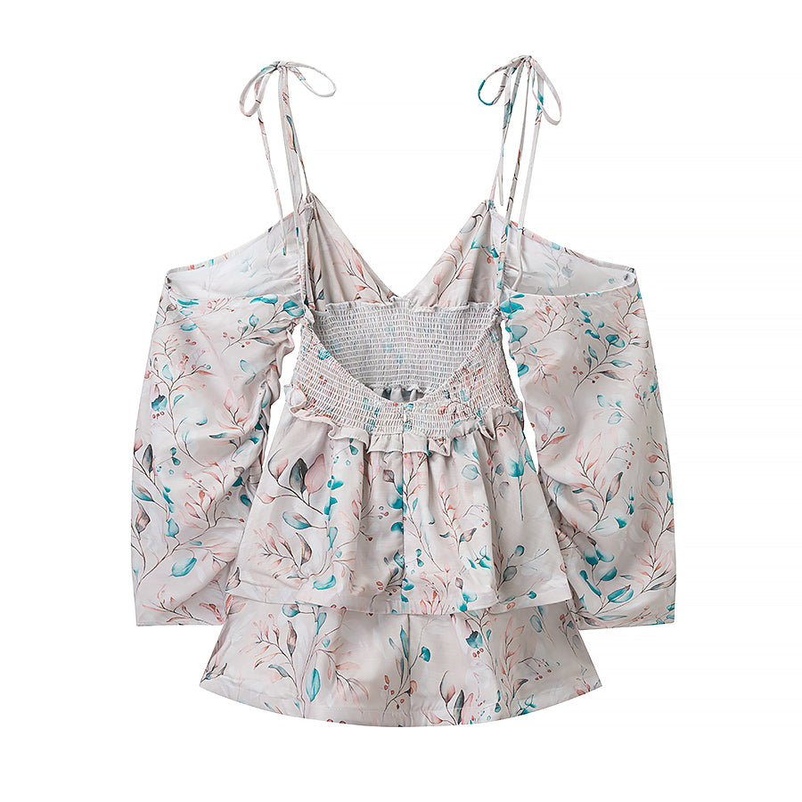 Floral Print Deep V Halter Off-Shoulder Dramatic Puff Sleeve Smocked Waist Tiered Ruffle Mini Dress