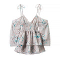 Floral Print Deep V Halter Off-Shoulder Dramatic Puff Sleeve Smocked Waist Tiered Ruffle Mini Dress