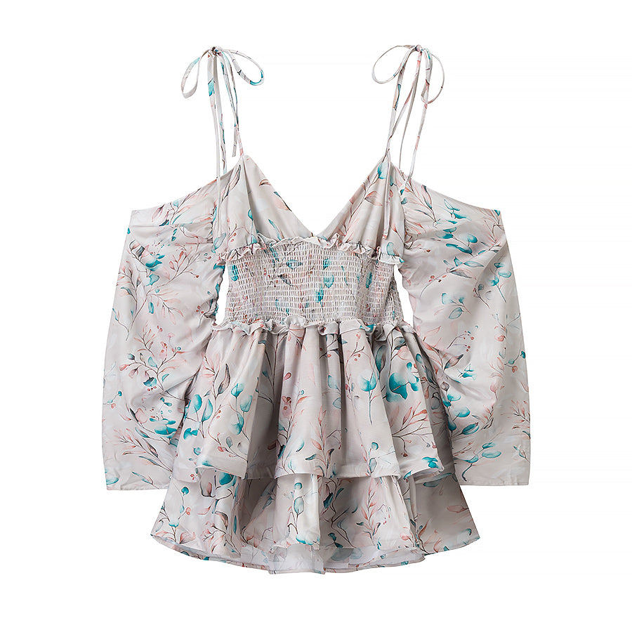 Floral Print Deep V Halter Off-Shoulder Dramatic Puff Sleeve Smocked Waist Tiered Ruffle Mini Dress