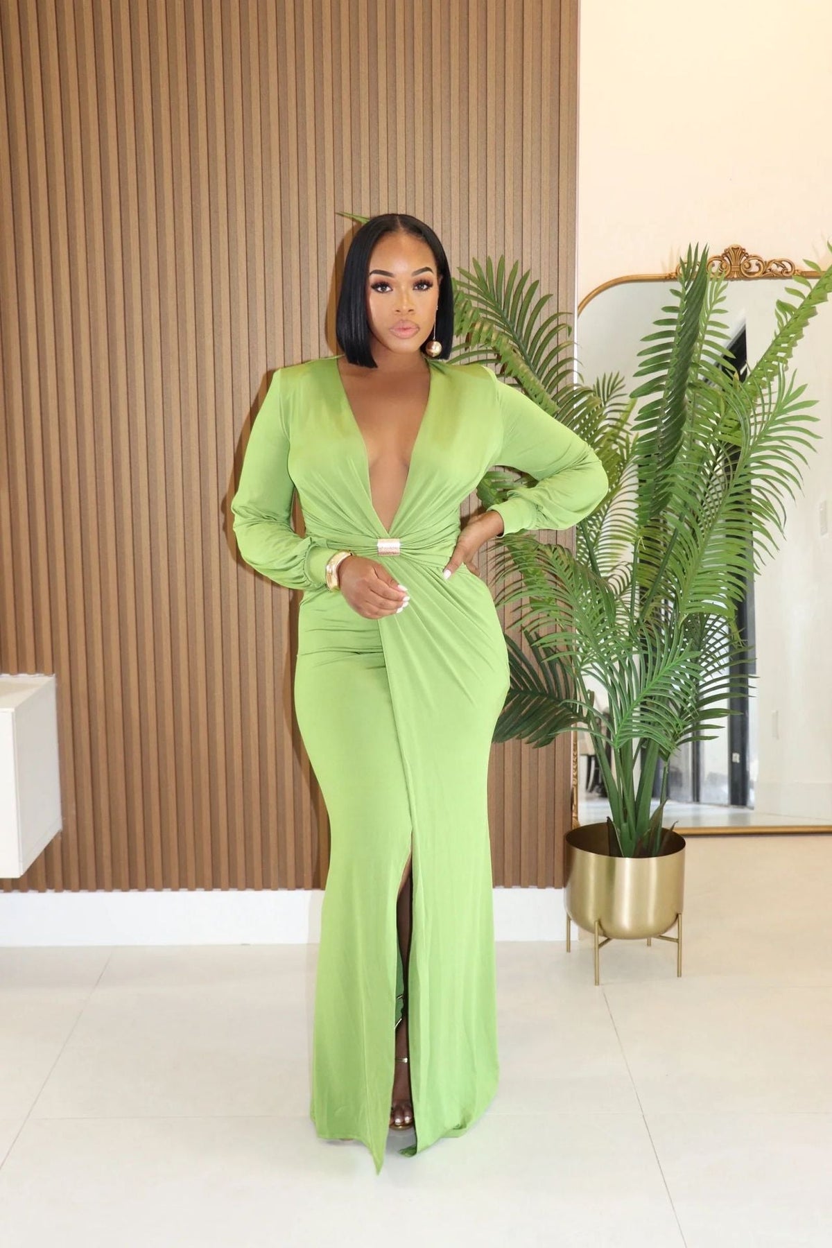 Lime Green Deep Plunge V Long Sleeve Metal Bar Buckle Waist Gathered Ruched Front Slit Slim-Fit Maxi Dress