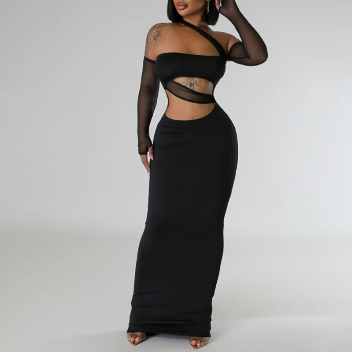 Asymmetric One-Shoulder Diagonal Strap Sheer Mesh Sleeve Cutout Midriff Bodycon Maxi Dress
