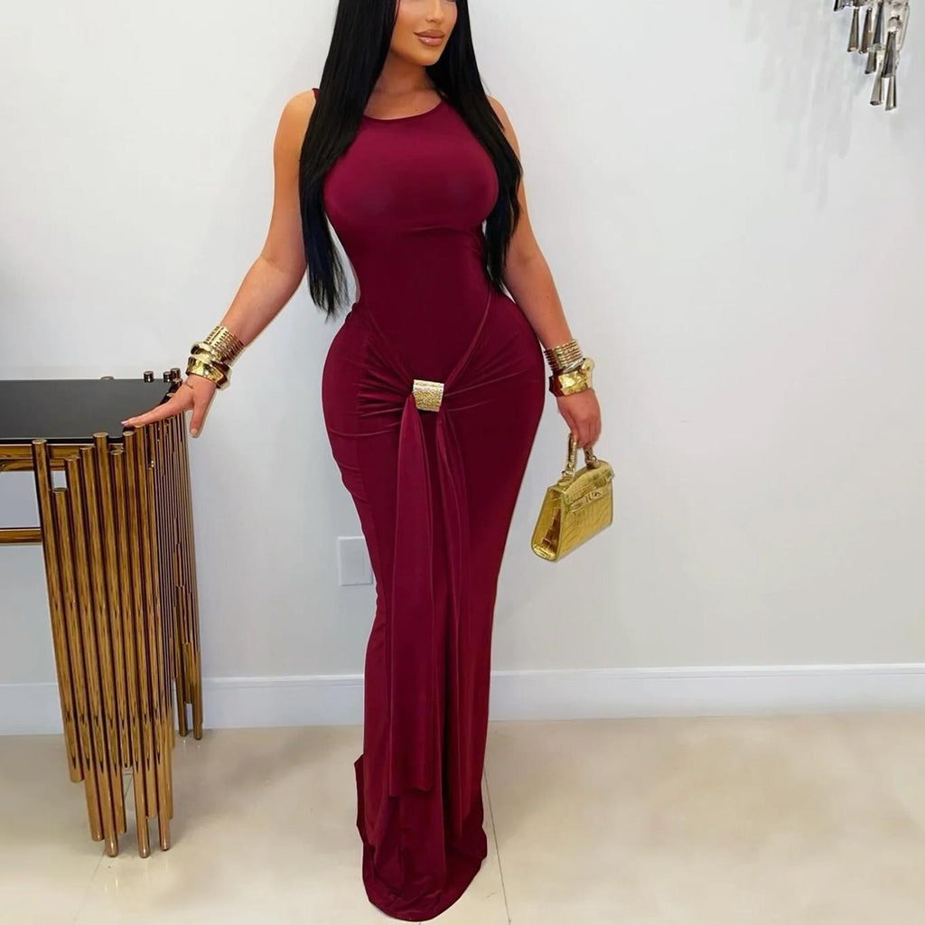 Ruched Waist Backless Bodycon Maxi Dress