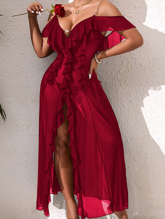 Off-Shoulder Chain Strap Ruffle Bodice Sheer Slit Maxi Dress