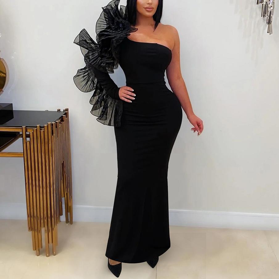Black Asymmetric Ruffle Bodycon Maxi Dress