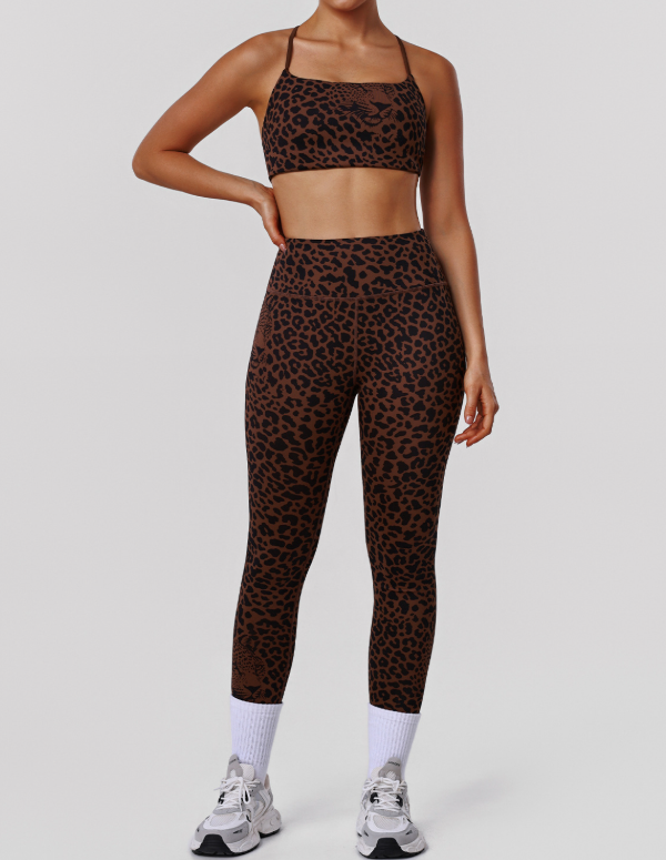 Brown Leopard Print Sports Bra & Scrunch Leggings Set
