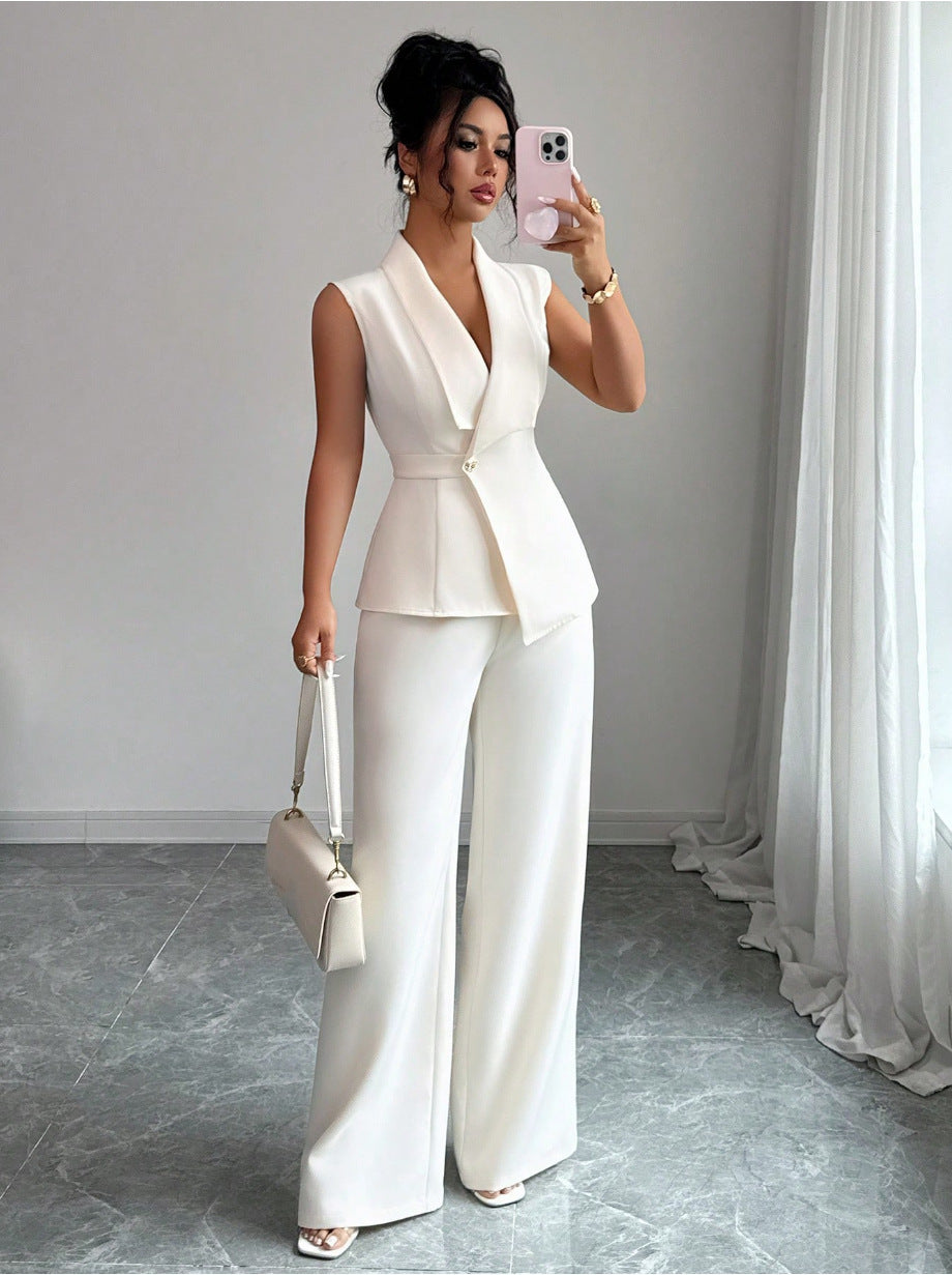 Sleeveless Blazer & Straight-Leg Pants Two-Piece Set