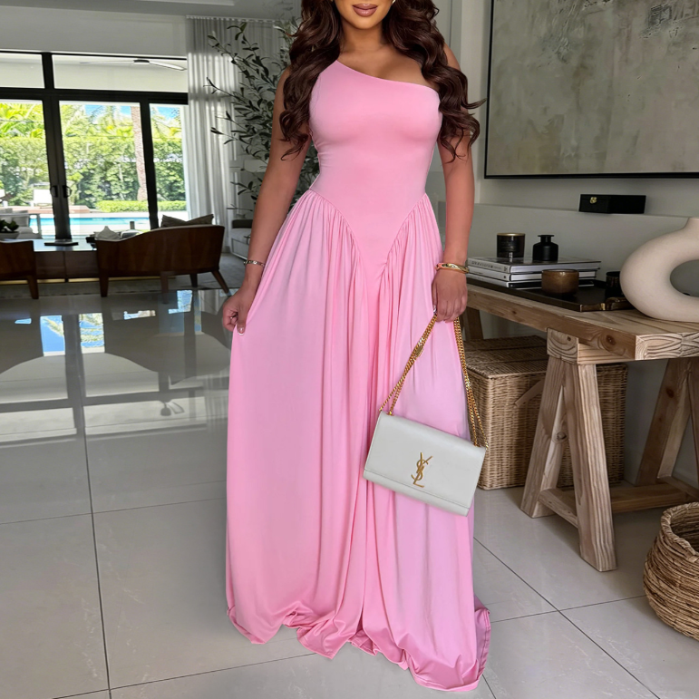 One-Shoulder Ruched Waist Voluminous Gathered Flowy A-Line Maxi Dress