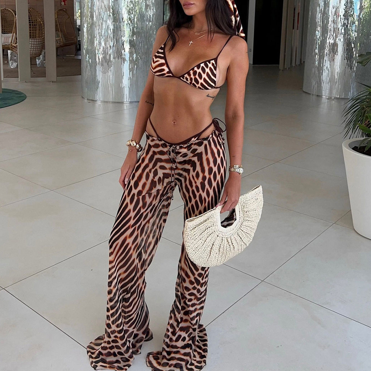 Mixed Animal Print String Triangle Bikini Set | Micro Thong Bottoms & Dark Trim