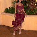 Wine & Dine Fringe Halter Top + Baroque Print Asymmetric Maxi Skirt Set