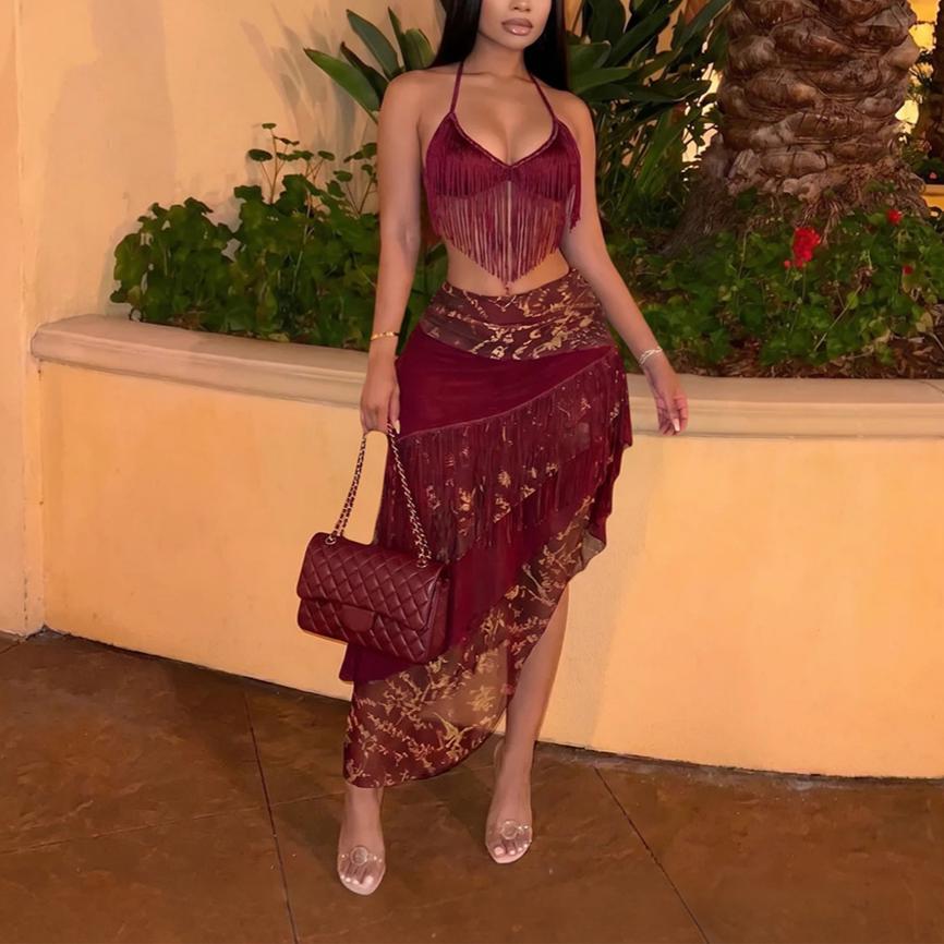 Wine & Dine Fringe Halter Top + Baroque Print Asymmetric Maxi Skirt Set
