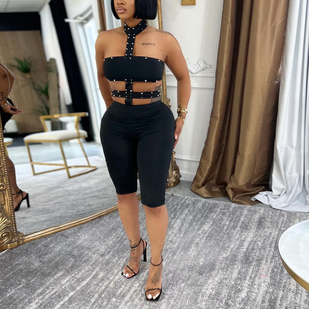 Studded Halter Cutout Banded Waist Biker Jumpsuit | Going-Out Dark Luxe