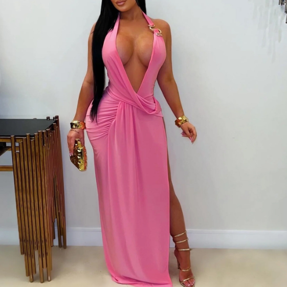 Deep Plunge Halter Knot-Waist Backless Maxi Dress | Gold Chain Neck, High Split & Body-Con