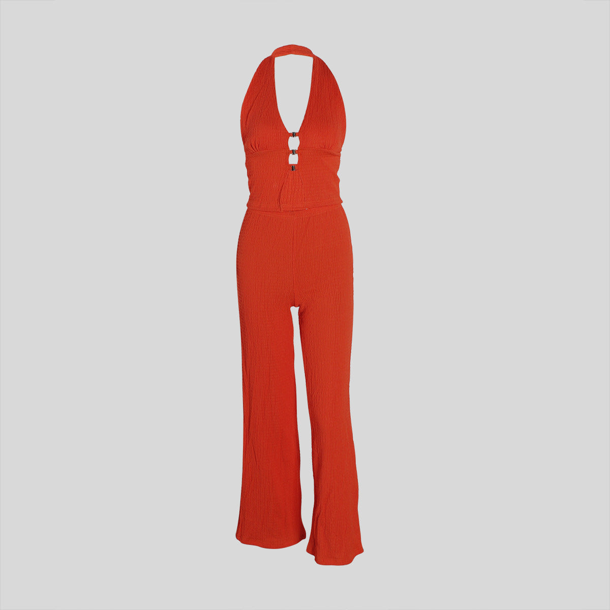 Textured Crinkle Halter O-Ring Crop Top & Wide-Leg Flare Pants Two-Piece Set | Backless & Resort Luxe