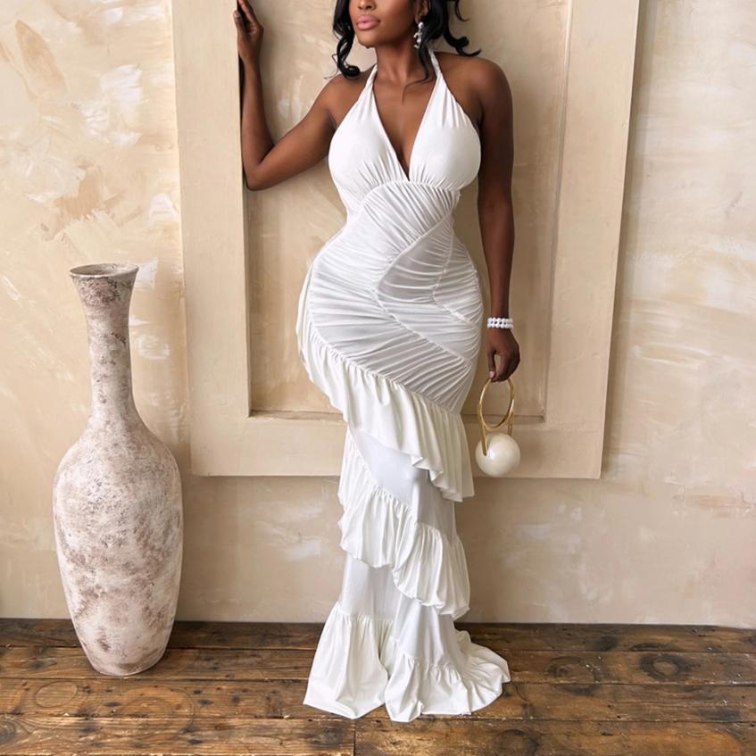 Deep V Halter Ruched Tiered Ruffle Hem Maxi Dress