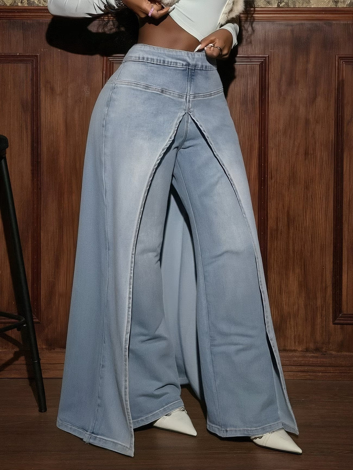 Double Layer Split Skirt-Over-Trouser High Waist Straight Leg Denim Jeans