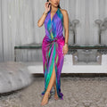 Iridescent Print Deep V Halter Knot Twist Backless Maxi Dress
