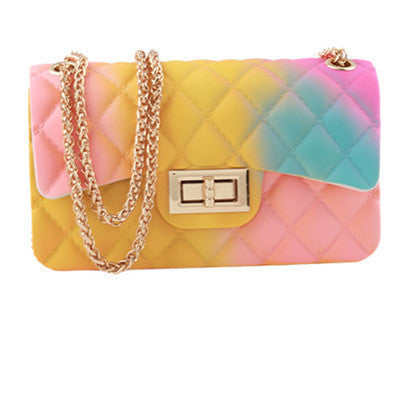 Rainbow Ombre Gradient Quilted Jelly Crossbody Bag | Gold Chain & Turn-Lock Clasp