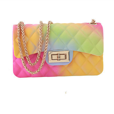 Rainbow Ombre Gradient Quilted Jelly Crossbody Bag | Gold Chain & Turn-Lock Clasp