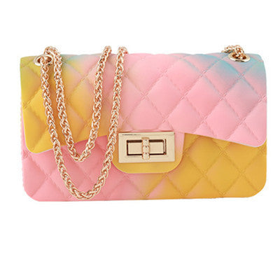 Rainbow Ombre Gradient Quilted Jelly Crossbody Bag | Gold Chain & Turn-Lock Clasp