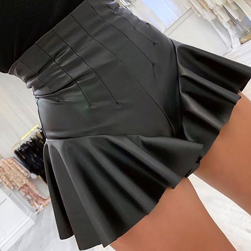 High-Waist Faux Leather Pleated A-Line Mini Skirt