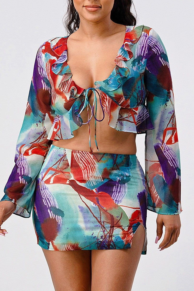 Abstract Print Ruffle Tie-Front Crop Top & Mini Skirt Set