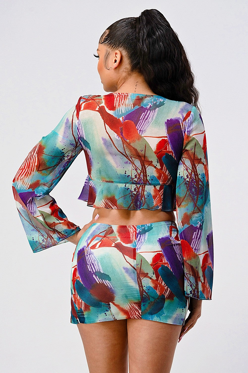 Abstract Print Ruffle Tie-Front Crop Top & Mini Skirt Set