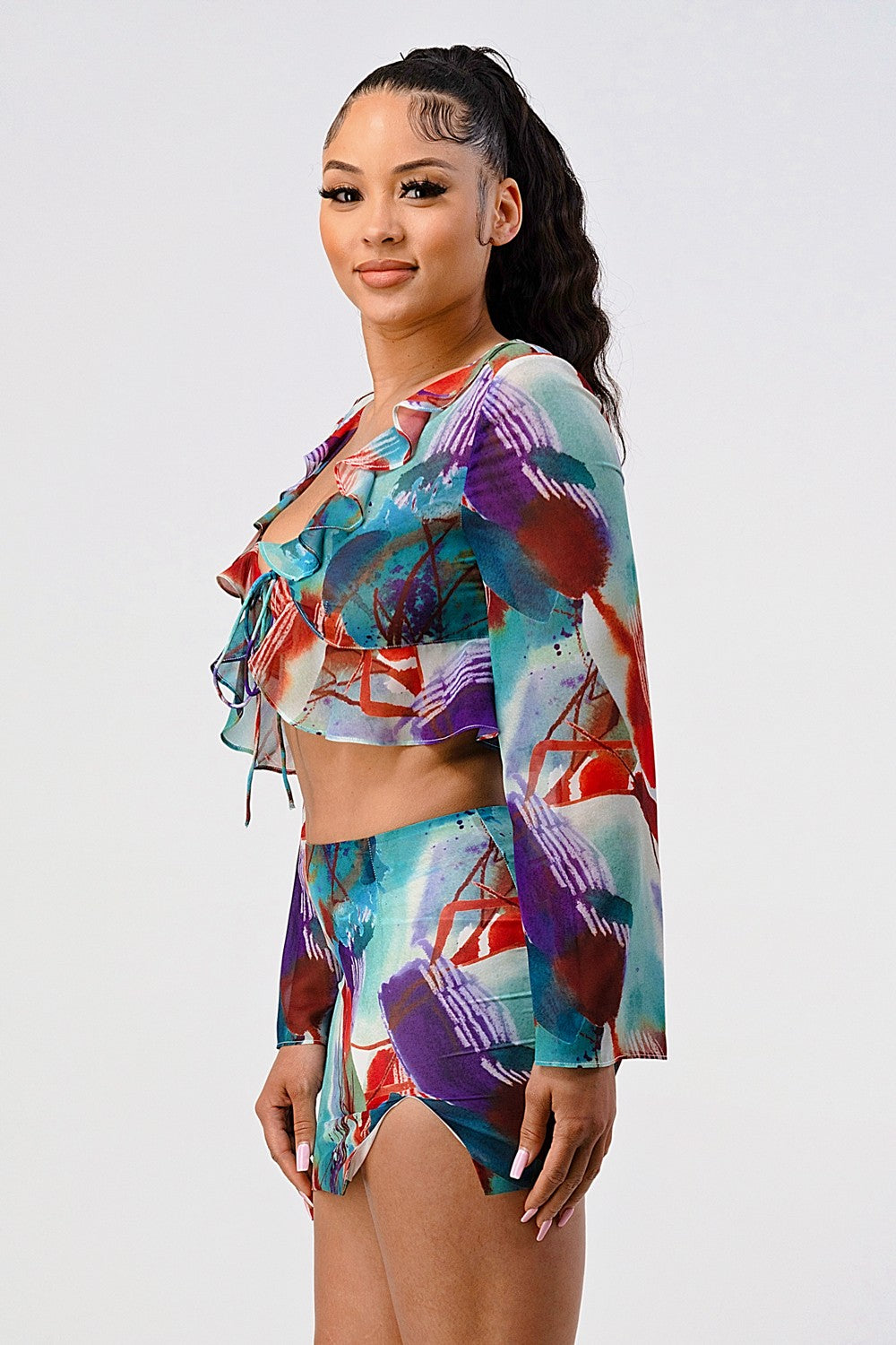 Abstract Print Ruffle Tie-Front Crop Top & Mini Skirt Set