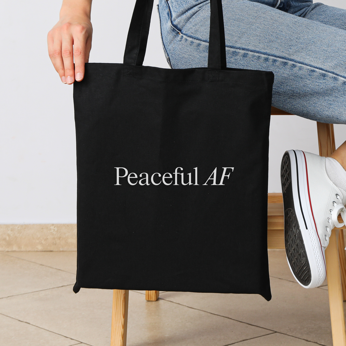Peaceful AF Black Graphic Tote Bag