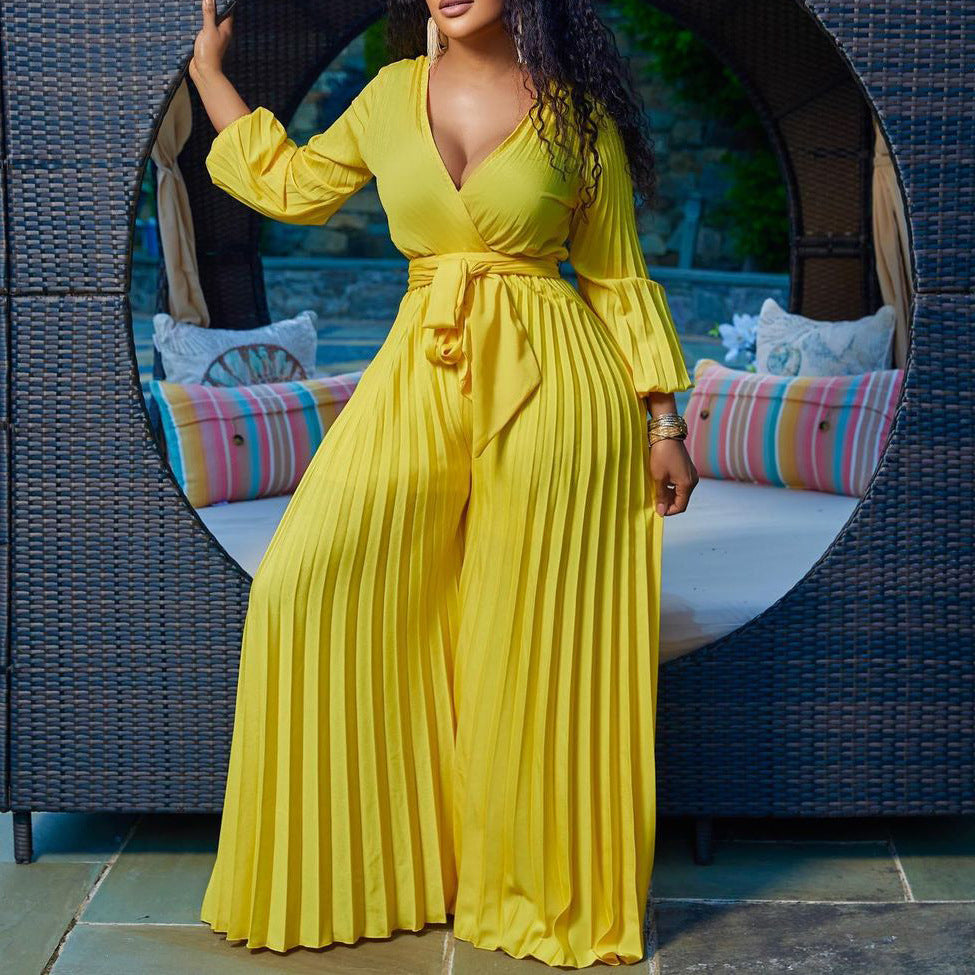 V-neck Lace Up Pleated Wide-leg Plus Size Jumpsuit See size chart under “more details”