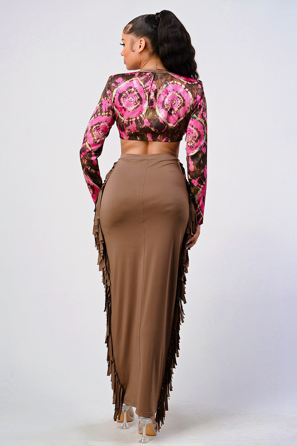 Floral Print Deep-V Crop Top & Suede Fringe Maxi Skirt Set