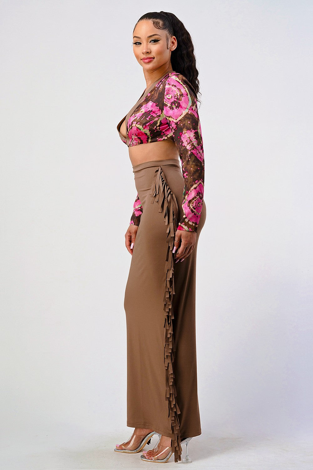Floral Print Deep-V Crop Top & Suede Fringe Maxi Skirt Set