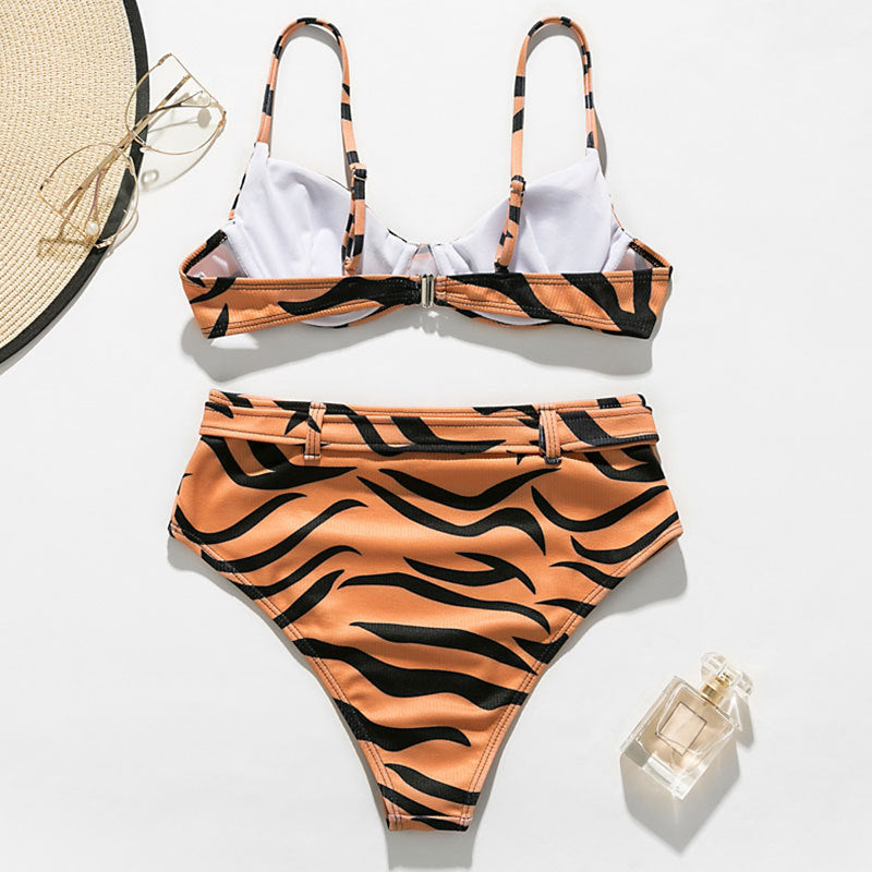 Tiger Stripe Animal Print Underwire Bikini Set | High-Waist Gold Buckle Belt
