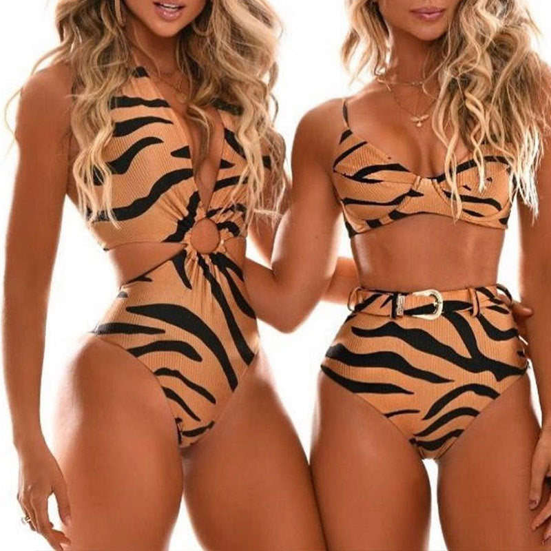 Tiger Stripe Animal Print Underwire Bikini Set | High-Waist Gold Buckle Belt