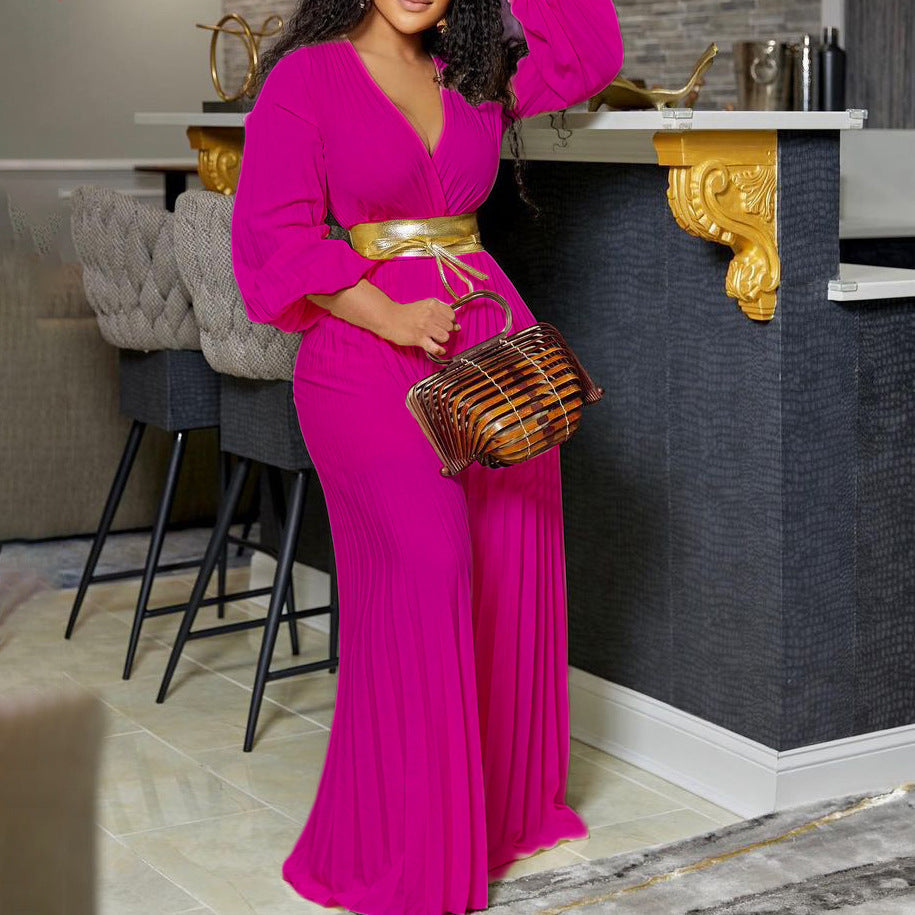 V-neck Lace Up Pleated Wide-leg Plus Size Jumpsuit See size chart under “more details”