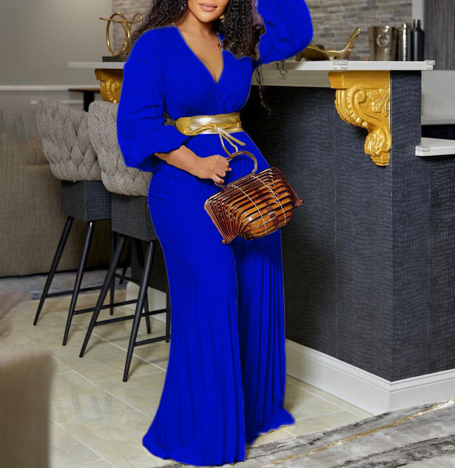 V-neck Lace Up Pleated Wide-leg Plus Size Jumpsuit See size chart under “more details”