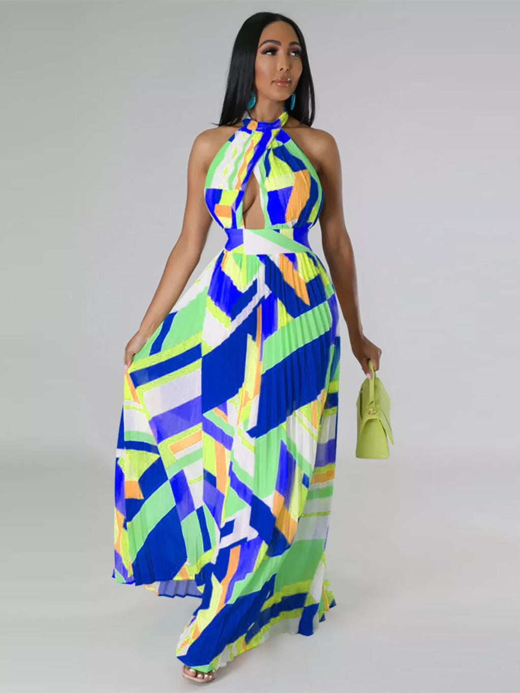 The Halter Geometric Pleated Maxi Dress